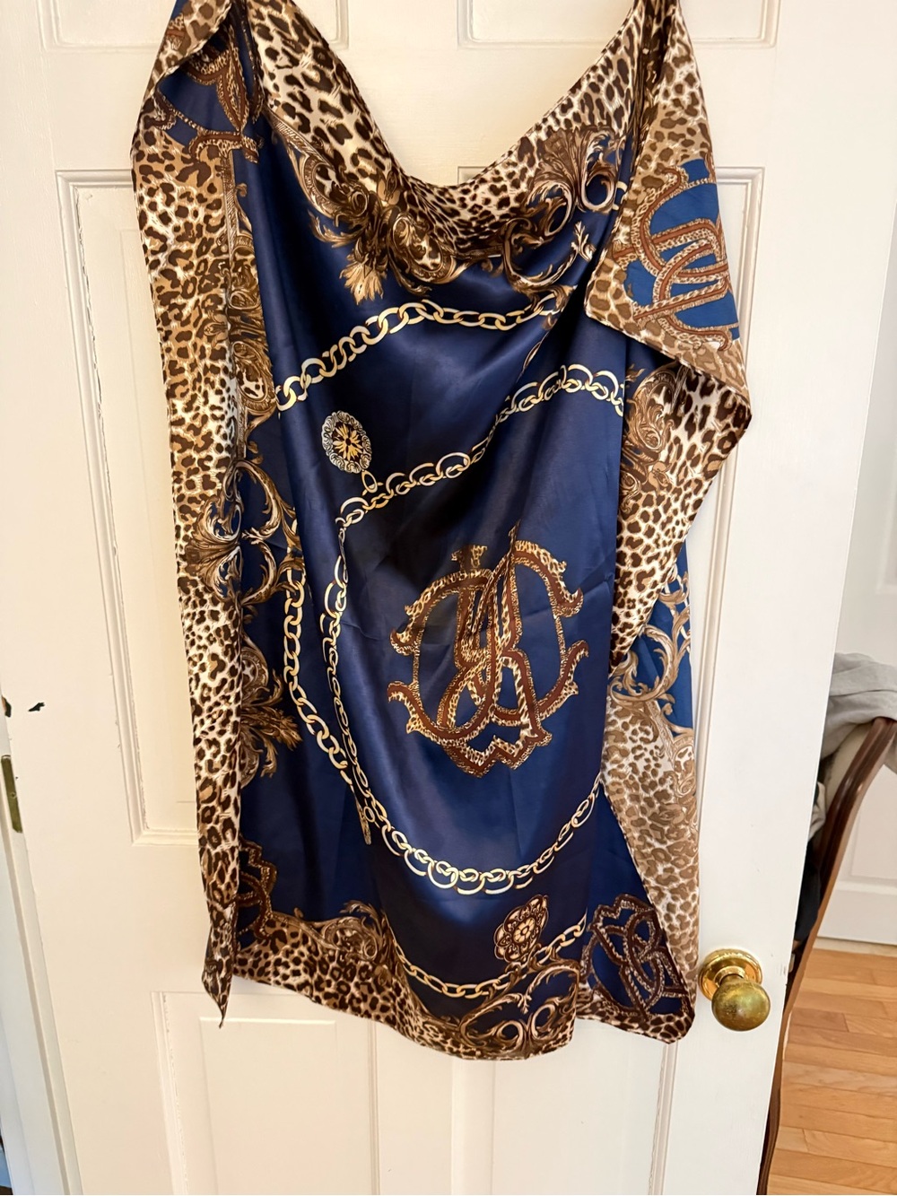 Silk-Feel Navy & Leopard Chain Print Scarf
